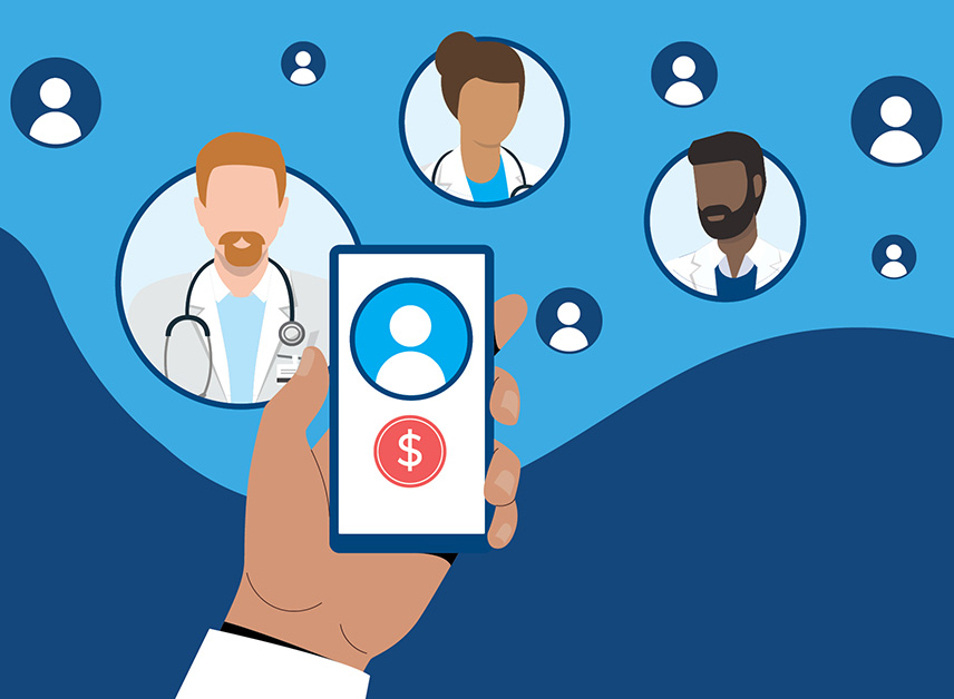 Illustration of phone with doctors in the background