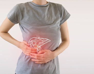 Person touching stomach with illustrated liver outline